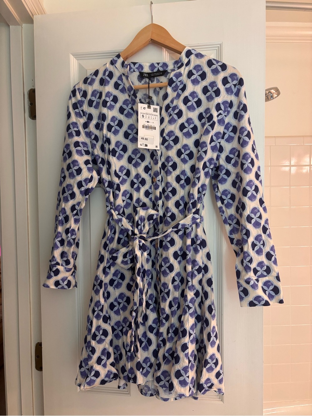 NWT Zara Blue Printed Tie-Waist Shirt Dress Size Small